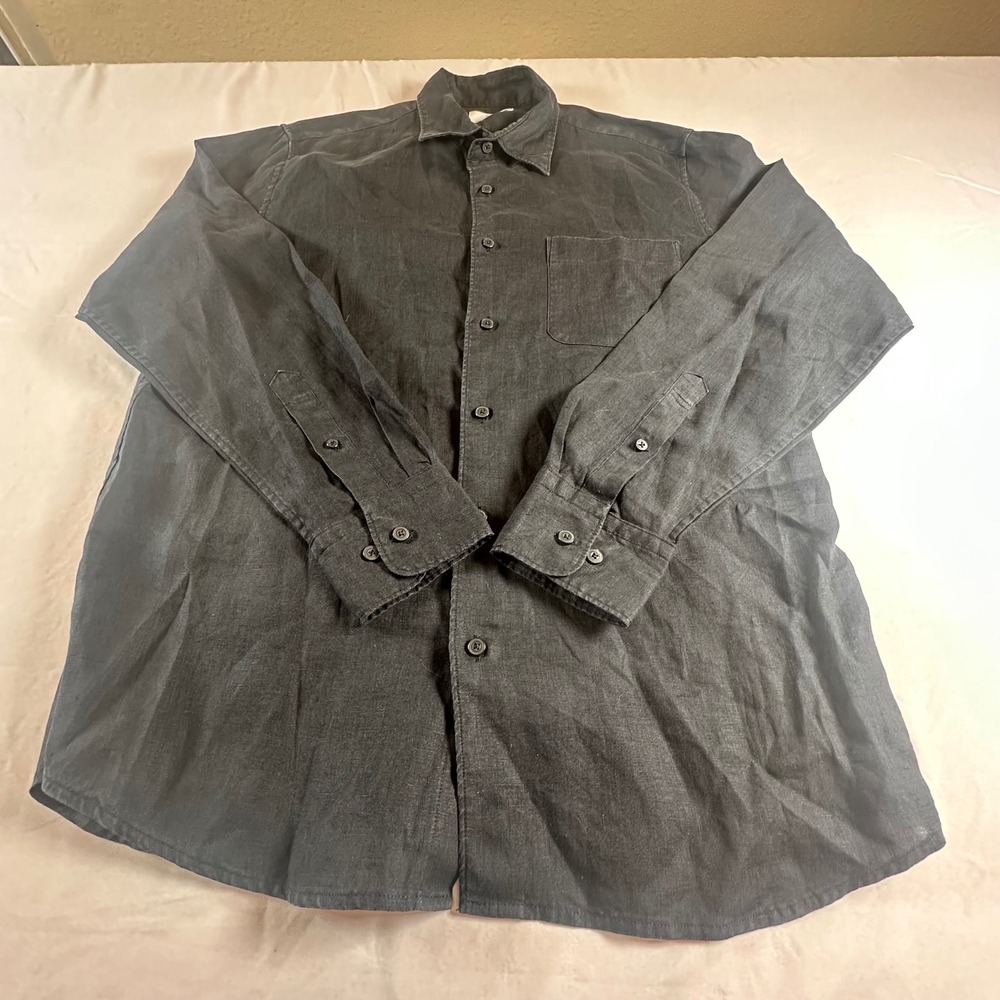 Uniqlo Premium Linen Shirt Mens Large Black Long Sleeve Button Down Pocket Large